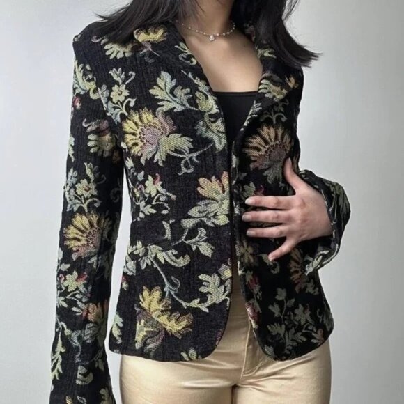 H&M Black Floral Tapestry‎ Blazer Jacket With Revers Collar Sz M - Picture 1 of 10